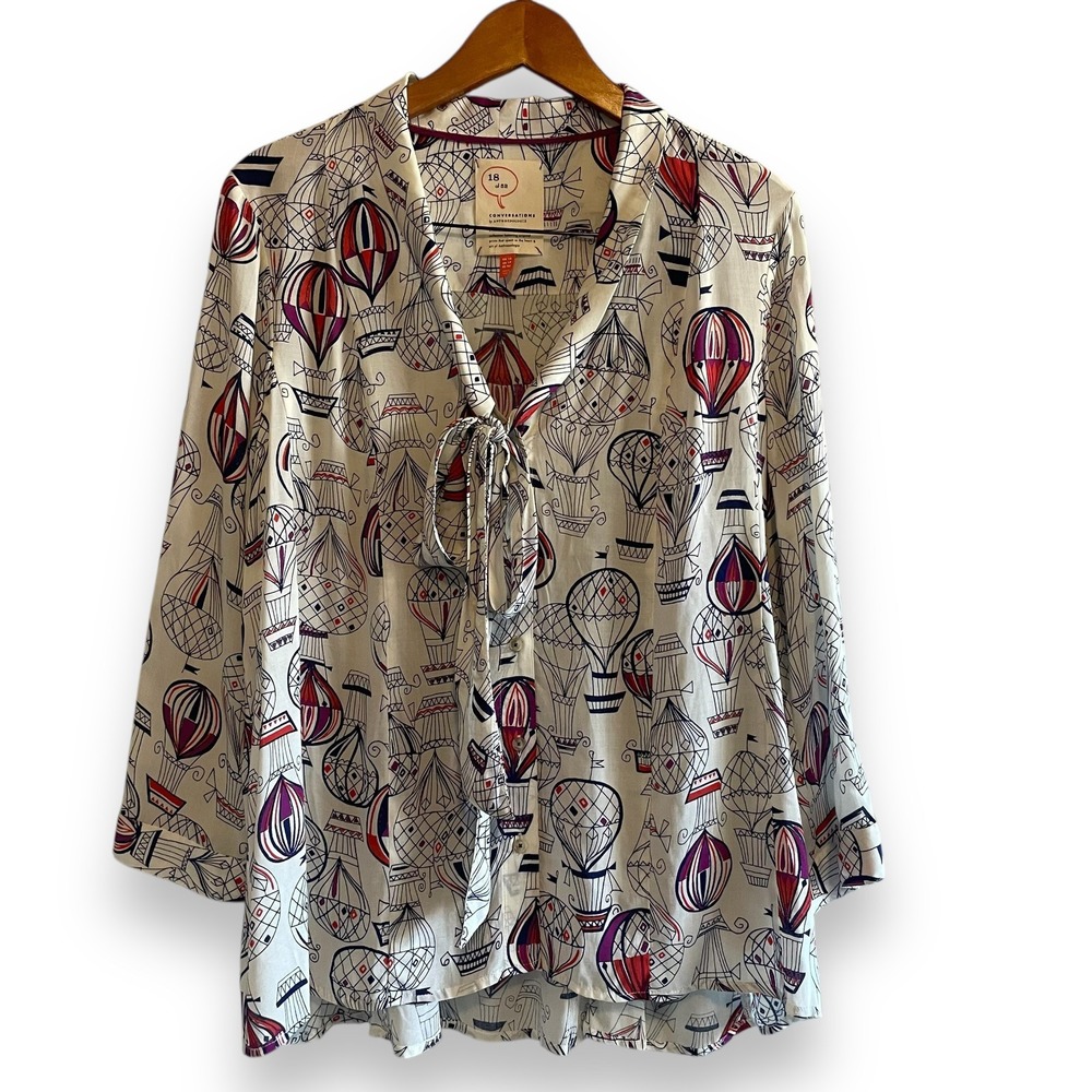 Conversations by Anthropologie Blouse Size 14 Hot Air Balloon AOP Pussycat Bow